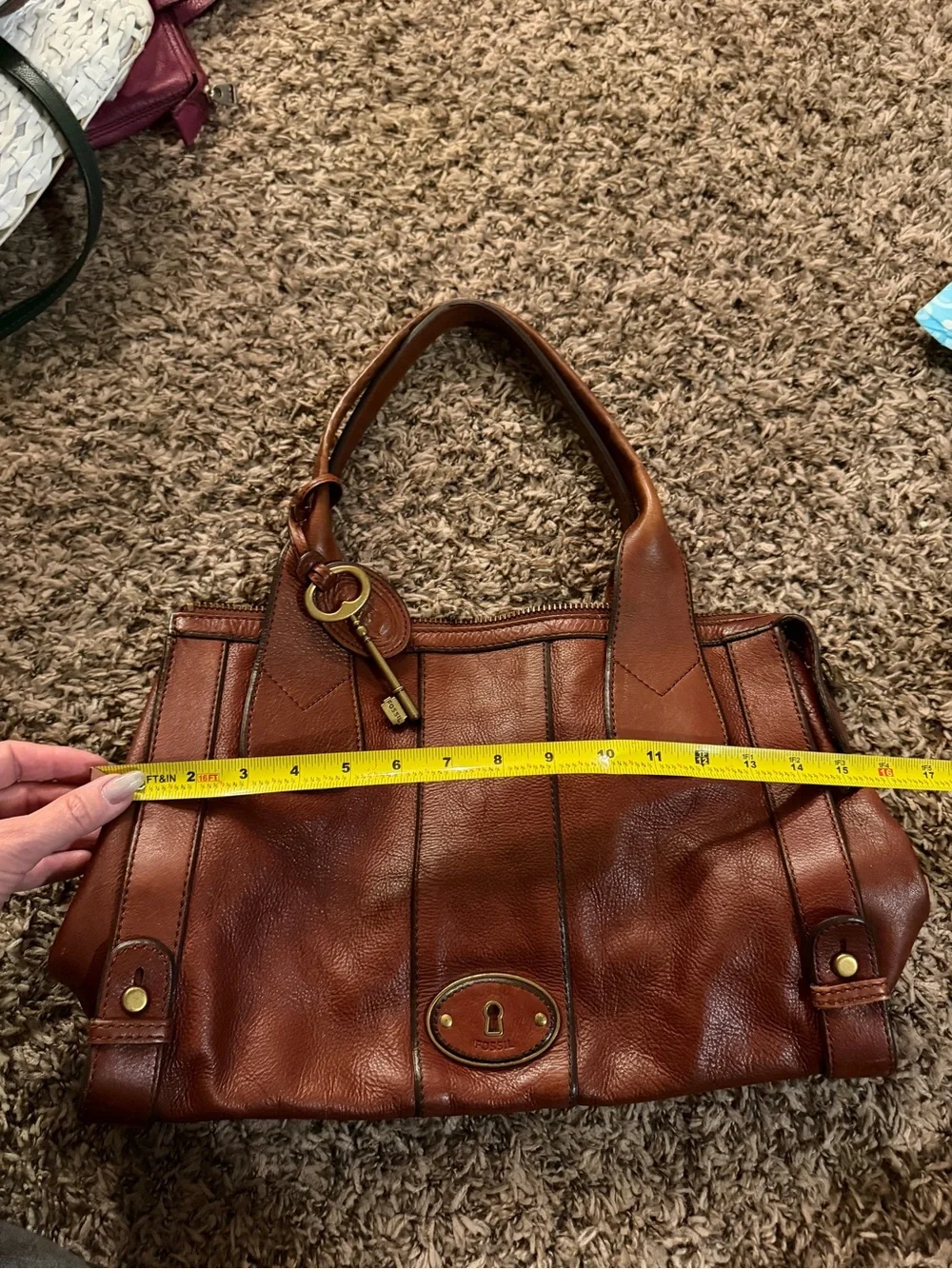 Vintage Fossil Cognac Leather Satchel Bag with Key Charm